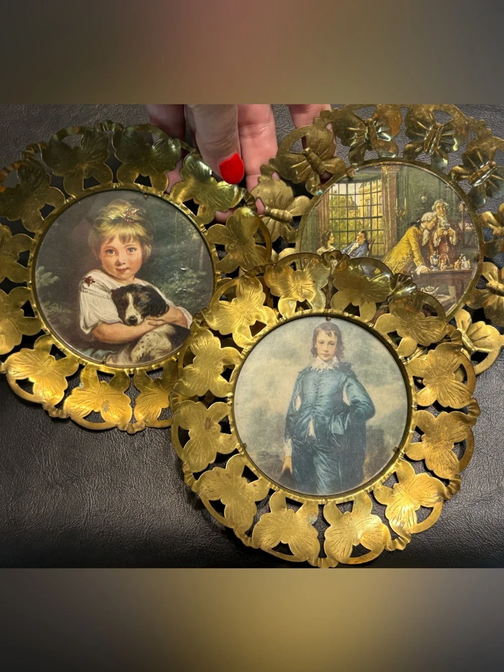 3 Vintage Made in England Brass Butterfly Wall Plaques Victorian Glass Prints